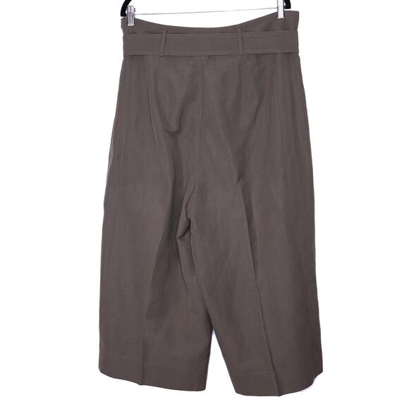 AKRIS PUNTO Fiorella Belted Pants Dark Olive Cropped Wide-Leg Linen Women's 16 - Picture 3 of 10